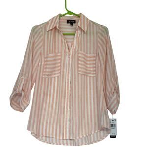A Byer White & Peach Stripe Blouse Size S NWT roll Tab Sleeve